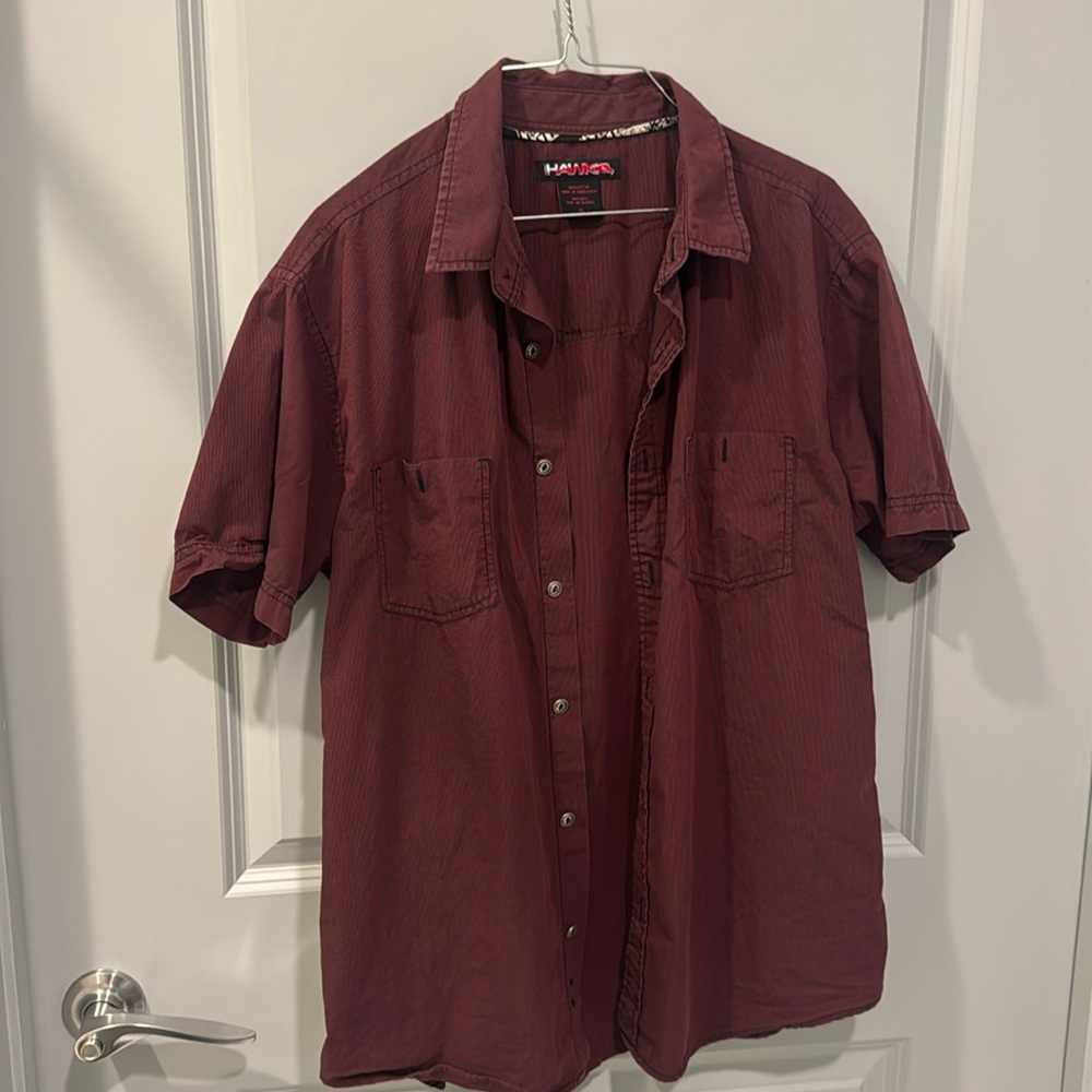 Tony Hawk Men’s Button Down Short Sleeve Shirt - Dark Red Large